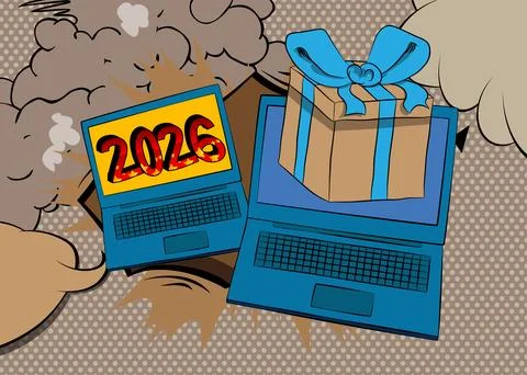 Cartoon Laptop, comic book Notebook with Gift Box and number 2026. Retro ve.. Stock Illustration