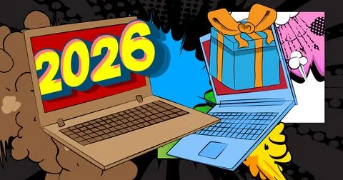 Cartoon Laptop, comic book Notebook with Gift Box and number 2026. Retro ve.. 스톡 일러스트