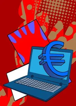 Cartoon Laptop, comic book Notebook with Euro Sign. Retro vector comics pop.. Stock Illustration