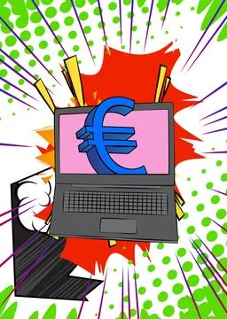 Cartoon Laptop, comic book Notebook with Euro Sign. Retro vector comics pop.. Stock Illustration