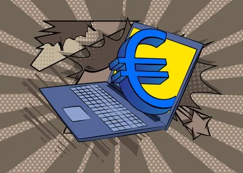 Cartoon Laptop, comic book Notebook with Euro Sign. Retro vector comics pop.. Stock-Illustration