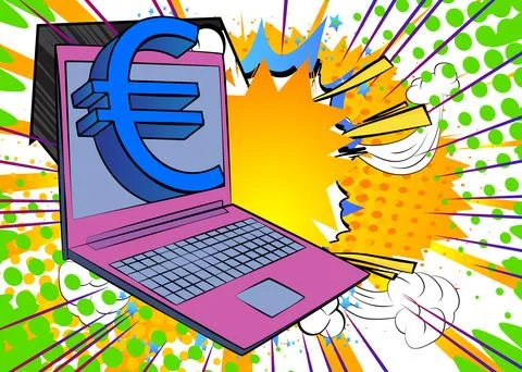 Cartoon Laptop, comic book Notebook with Euro Sign. Retro vector comics pop.. Stock Illustration