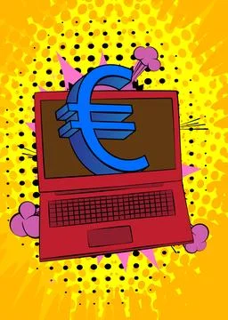 Cartoon Laptop, comic book Notebook with Euro Sign. Retro vector comics pop.. Stock Illustration