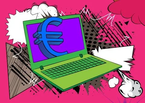 Cartoon Laptop, comic book Notebook with Euro Sign. Retro vector comics pop.. Stock Illustration