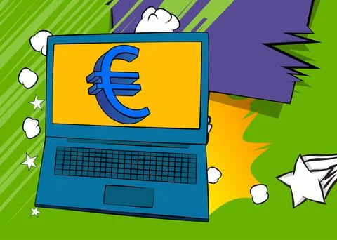 Cartoon Laptop, comic book Notebook with Euro Sign. Retro vector comics pop.. Stock Illustration