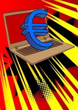 Cartoon Laptop, comic book Notebook with Euro Sign. Retro vector comics pop.. Stock Illustration
