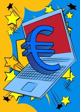 Cartoon Laptop, comic book Notebook with Euro Sign. Retro vector comics pop.. Stock Illustration