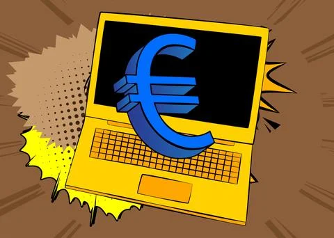 Cartoon Laptop, comic book Notebook with Euro Sign. Retro vector comics pop.. Stock Illustration