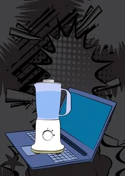 Cartoon Laptop, comic book Notebook with Food Blender. Retro vector comics .. Stock Illustration