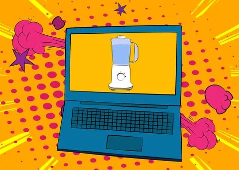 Cartoon Laptop, comic book Notebook with Food Blender. Retro vector comics .. Stock Illustration