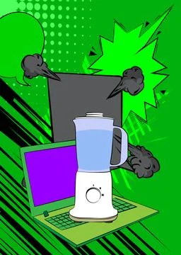 Cartoon Laptop, comic book Notebook with Food Blender. Retro vector comics .. Stock-Illustration