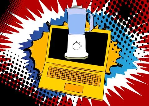 Cartoon Laptop, comic book Notebook with Food Blender. Retro vector comics .. Stock Illustration