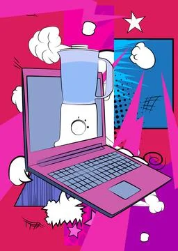 Cartoon Laptop, comic book Notebook with Food Blender. Retro vector comics .. Stock Illustration