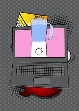 Cartoon Laptop, comic book Notebook with Food Blender. Retro vector comics .. Stock Illustration