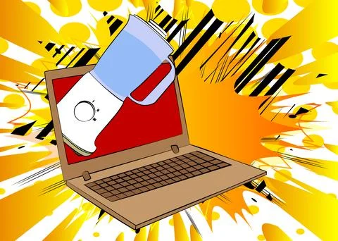 Cartoon Laptop, comic book Notebook with Food Blender. Retro vector comics .. Stock Illustration