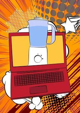 Cartoon Laptop, comic book Notebook with Food Blender. Retro vector comics .. Stock Illustration