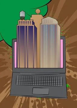 Cartoon Laptop, comic book Notebook with Skyscraper. Retro vector comics po.. Stock-Illustration