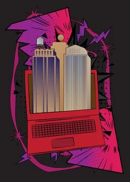Cartoon Laptop, comic book Notebook with Skyscraper. Retro vector comics po.. Stock-Illustration
