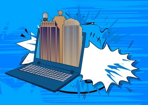Cartoon Laptop, comic book Notebook with Skyscraper. Retro vector comics po.. Illustrazione stock
