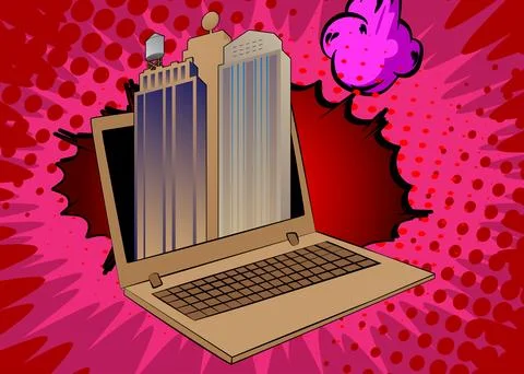 Cartoon Laptop, comic book Notebook with Skyscraper. Retro vector comics po.. Stock Illustration