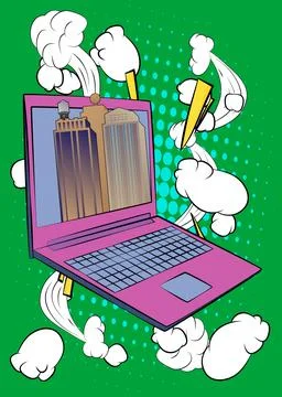 Cartoon Laptop, comic book Notebook with Skyscraper. Retro vector comics po.. Illustrazione stock