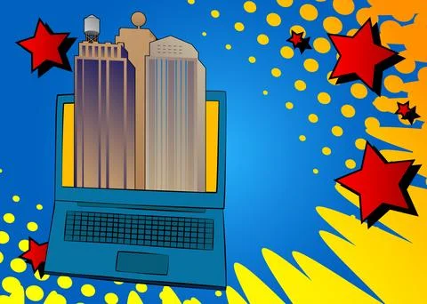Cartoon Laptop, comic book Notebook with Skyscraper. Retro vector comics po.. Stock Illustration