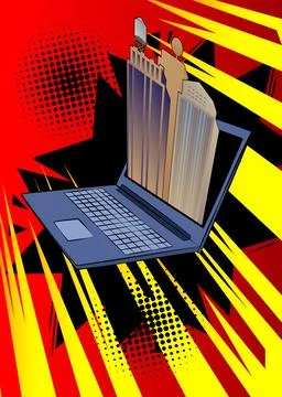 Cartoon Laptop, comic book Notebook with Skyscraper. Retro vector comics po.. Stock Illustration