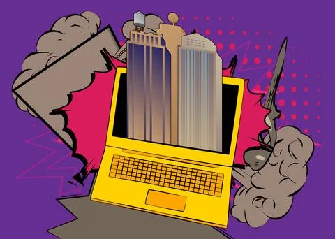 Cartoon Laptop, comic book Notebook with Skyscraper. Retro vector comics po.. Stock Illustration