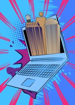 Cartoon Laptop, comic book Notebook with Skyscraper. Retro vector comics po.. Stock Illustration