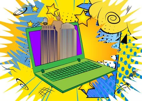 Cartoon Laptop, comic book Notebook with Skyscraper. Retro vector comics po.. Stock Illustration