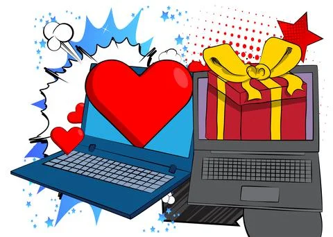 Cartoon Laptop, comic book Notebook with Heart and gift box. Retro vector c.. Illustrazione stock