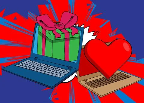 Cartoon Laptop, comic book Notebook with Heart and gift box. Retro vector c.. Illustrazione stock