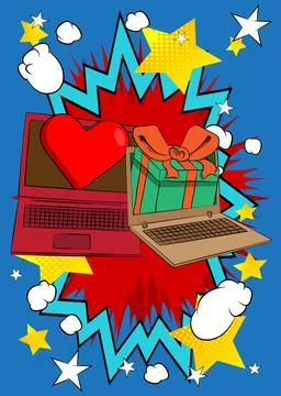 Cartoon Laptop, comic book Notebook with Heart and gift box. Retro vector c.. Stock Illustration