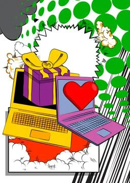 Cartoon Laptop, comic book Notebook with Heart and gift box. Retro vector c.. 스톡 일러스트