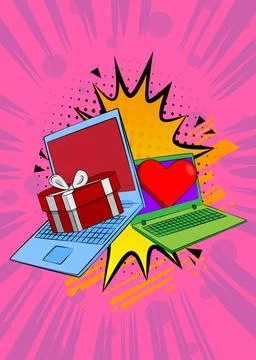 Cartoon Laptop, comic book Notebook with Heart and gift box. Retro vector c.. Illustrazione stock