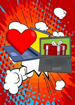 Cartoon Laptop, comic book Notebook with Heart and gift box. Retro vector c.. 스톡 일러스트