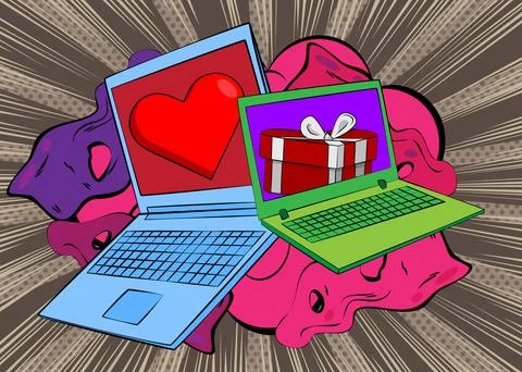 Cartoon Laptop, comic book Notebook with Heart and gift box. Retro vector c.. Illustrazione stock