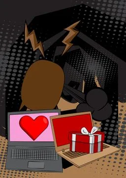 Cartoon Laptop, comic book Notebook with Heart and gift box. Retro vector c.. Illustrazione stock
