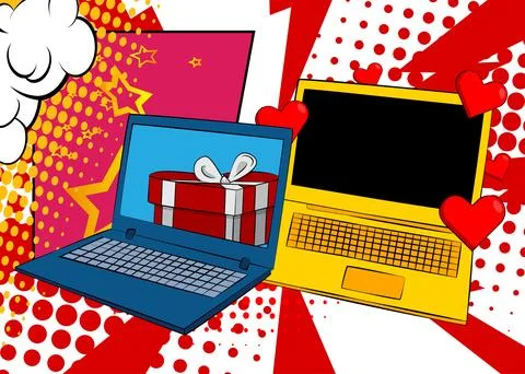 Cartoon Laptop, comic book Notebook with Heart and gift box. Retro vector c.. Stock Illustration
