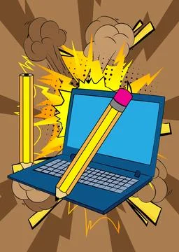 Cartoon Laptop, comic book Notebook with Pencil. Retro vector comics pop ar.. Stock Illustration