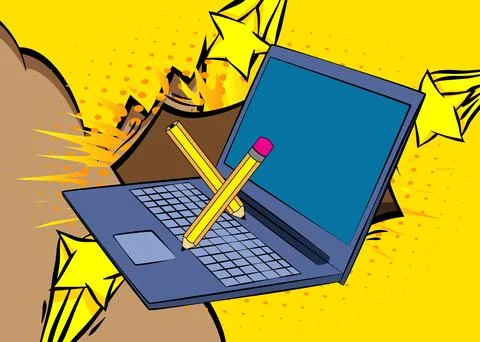 Cartoon Laptop, comic book Notebook with Pencil. Retro vector comics pop ar.. Stock-Illustration