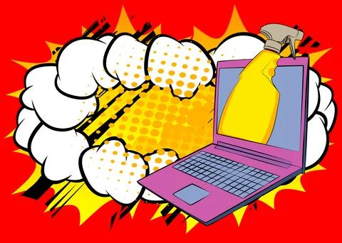 Cartoon Laptop, comic book Notebook with Spray Bottle. Retro vector comics .. Stock Illustration