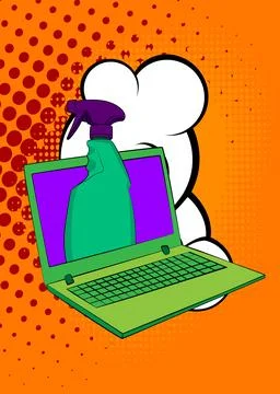 Cartoon Laptop, comic book Notebook with Spray Bottle. Retro vector comics .. Stock-Illustration