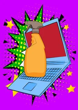 Cartoon Laptop, comic book Notebook with Spray Bottle. Retro vector comics .. Stock-Illustration