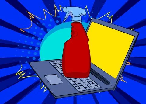 Cartoon Laptop, comic book Notebook with Spray Bottle. Retro vector comics .. Stock-Illustration
