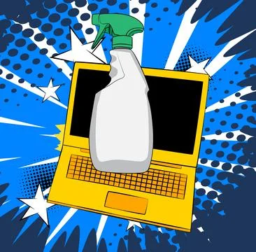 Cartoon Laptop, comic book Notebook with Spray Bottle. Retro vector comics .. Stock Illustration