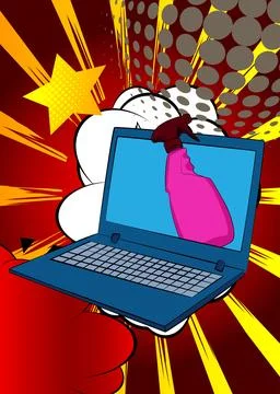 Cartoon Laptop, comic book Notebook with Spray Bottle. Retro vector comics .. Stock-Illustration