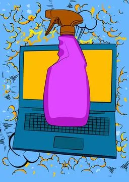Cartoon Laptop, comic book Notebook with Spray Bottle. Retro vector comics .. Stock Illustration