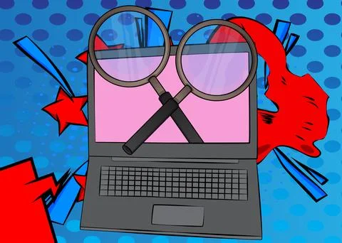 Cartoon Laptop, comic book Notebook with Magnifying glass. Retro vector com.. Stock Illustration