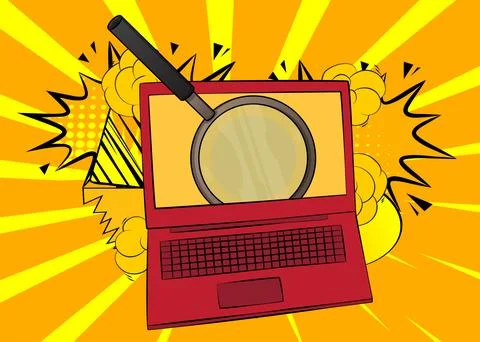Cartoon Laptop, comic book Notebook with Magnifying glass. Retro vector com.. Stock Illustration